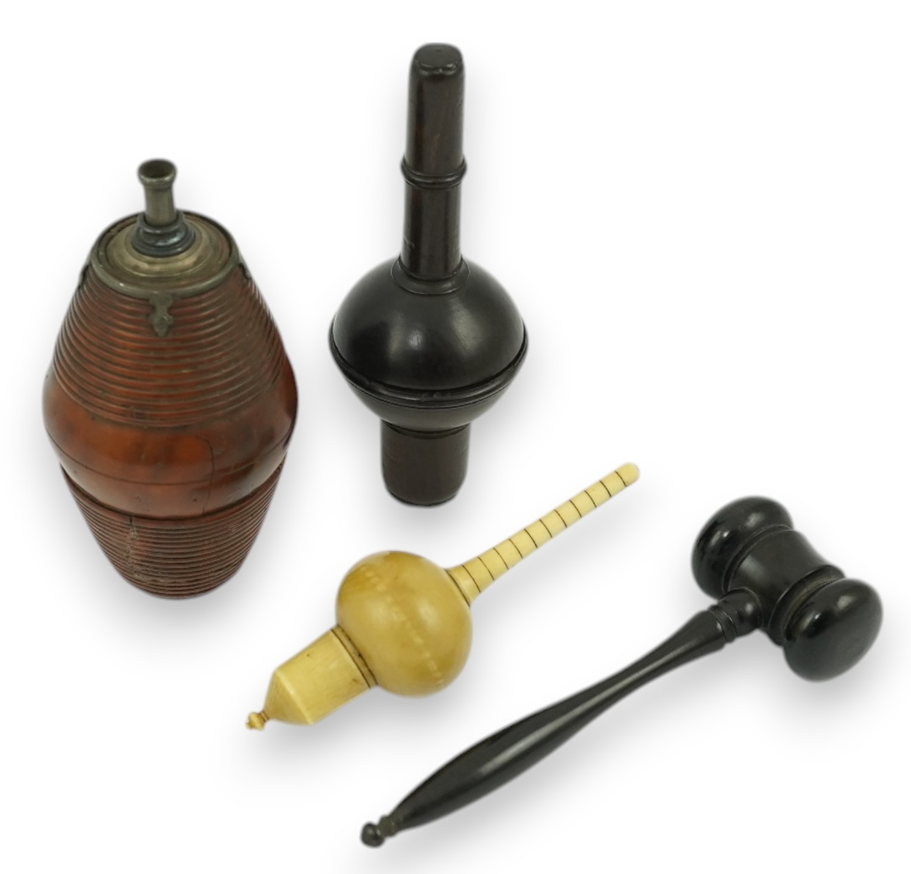 A 19th century coquilla nut powder flask, a hardwood cased ivorine hydrometer and a small ebony gavel, gavel 11cm long. Condition - good